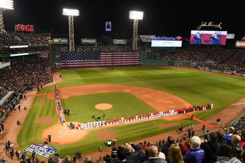 U.S. Air Force Airmen from Hanscom Air Force Base, Mass., also captured on the centerfield Jumbotron, participate in pregame festivities at Fenway Park in Boston during the opening game of the World Series, Oct. 23. (U.S. Air Force photo by Todd Maki)