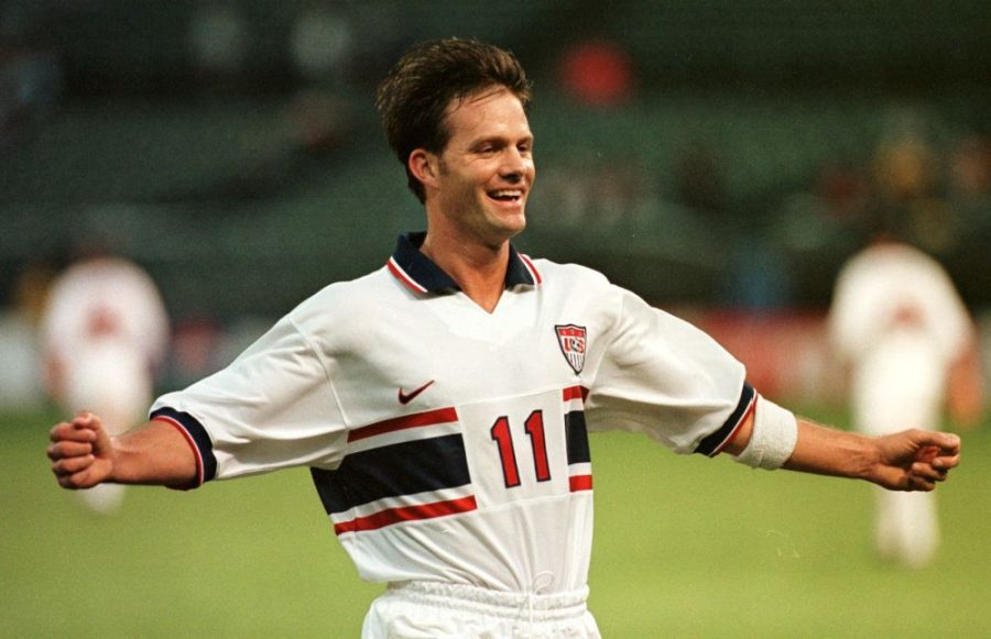 OAKLAND, UNITED STATES:  United States Eric Wynalda celebrates after scoring a goal against Cuba during the first round of the Concacaf Gold Cup in Oakland, California, 01 February. The United States defeated Cuba, 3-0. AFP PHOTO Monica M.  DAVEY (Photo credit should read MONICA M. DAVEY/AFP/Getty Images)