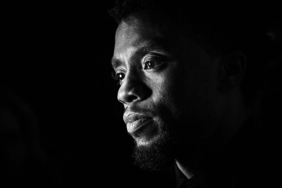 LONDON, ENGLAND - FEBRUARY 08:  (EDITORS NOTE: THIS IMAGE HAS BEEN CONVERTED TO BLACK AND WHITE) Chadwick Boseman attends the European Premiere of Marvel Studios Black Panther at the Eventim Apollo, Hammersmith on February 8, 2018 in London, England.  (Photo by Gareth Cattermole/Getty Images for Disney)