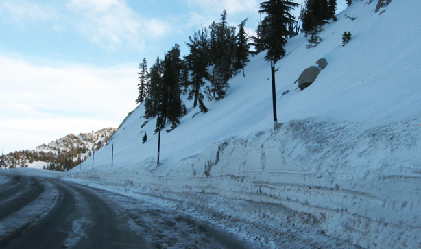 STORED FOR SPRING:  Snowpacks on Mount Rose Highway in Nevada have multiple layers of snow tightly compacted on top of each other. As the snow melts in spring, the runoff creates a vital source of water for many. 

