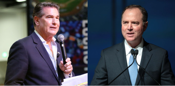 LEFT: Garvey making a speech at a celebrity sports event in 2016.
RIGHT: Schiff speaking at the California Democratic Party Convention in 2019.