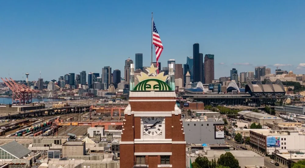 Starbucks signage outside a Seattle location tied to a new WARN layoff notice