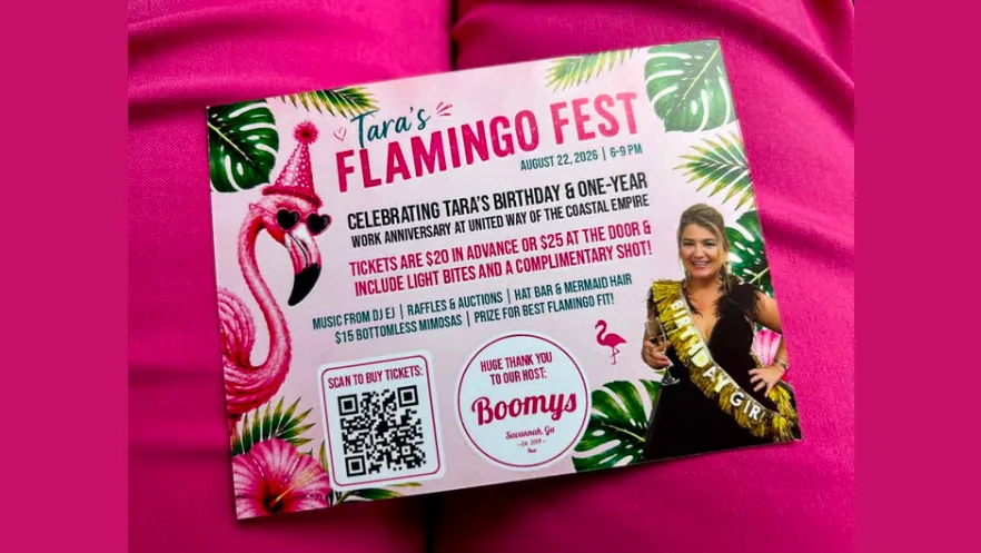 Pink flamingo-themed fundraiser promotion for Flamingo Fest at Boomys in downtown Savannah
